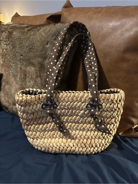 Source Unknown Tan Woven Tote with Brown Polka Dot Handles